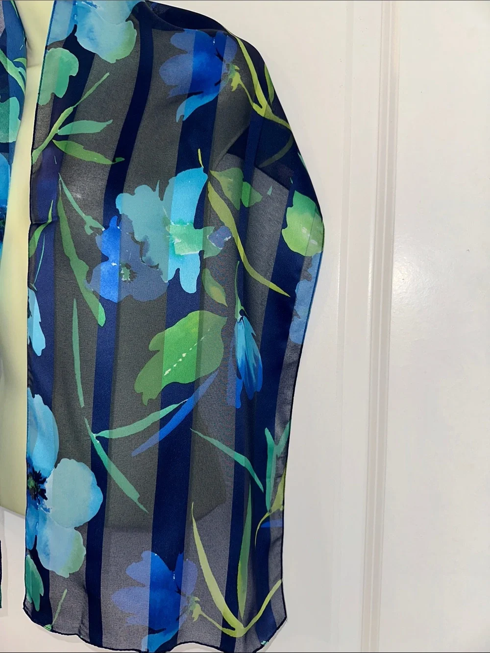 Vintage Semi Sheer Floral Blue & Green Long Silk‎ Feel Polyester Scarf